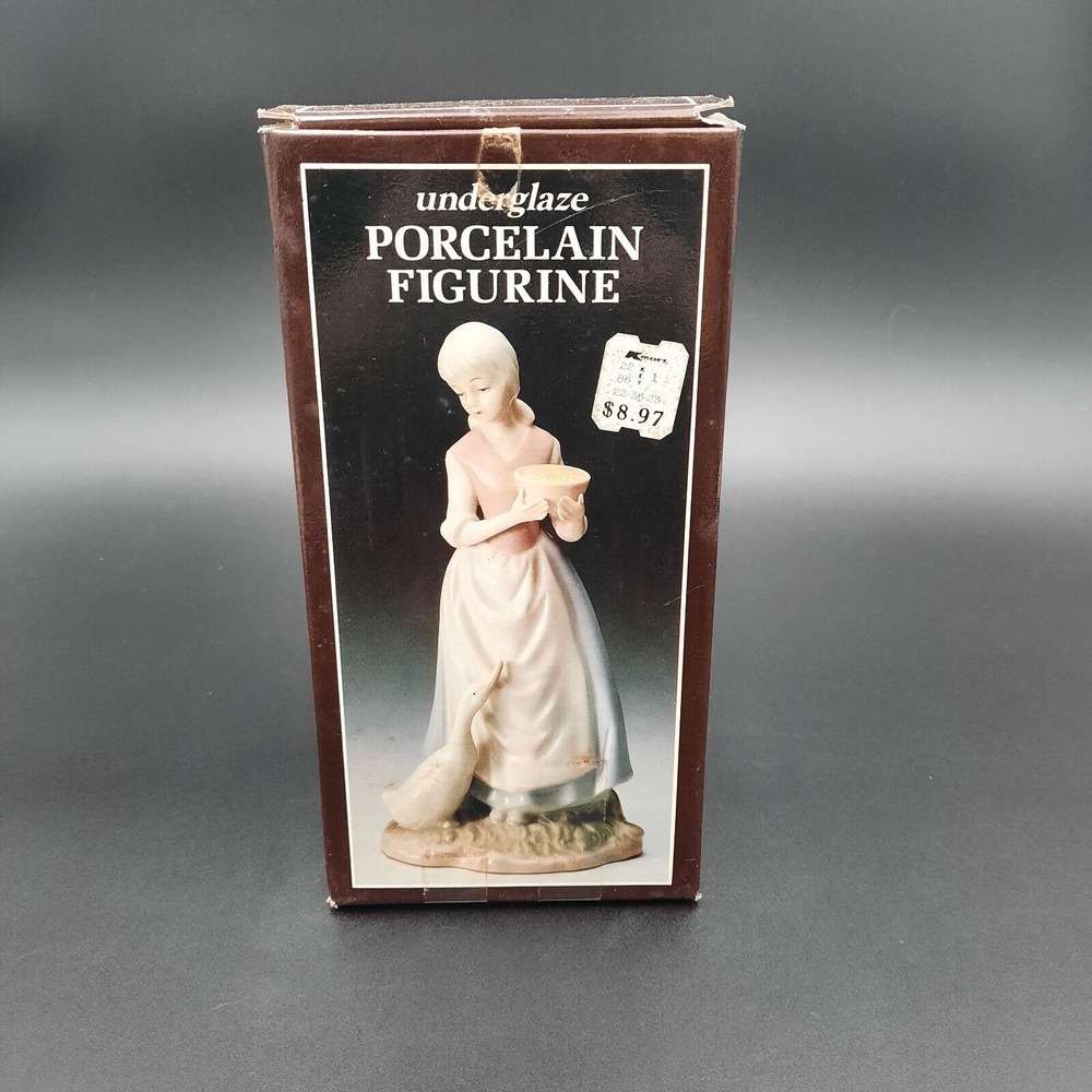 Underglaze Porcelain Figurine Of Girl With Bowl‎ & Goose Vintage Kmart In Box